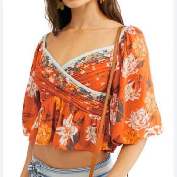 Free People Free Burnt Orange Floral Mirabella A-Line Peplum Top Size XS - Picture 1 of 8
